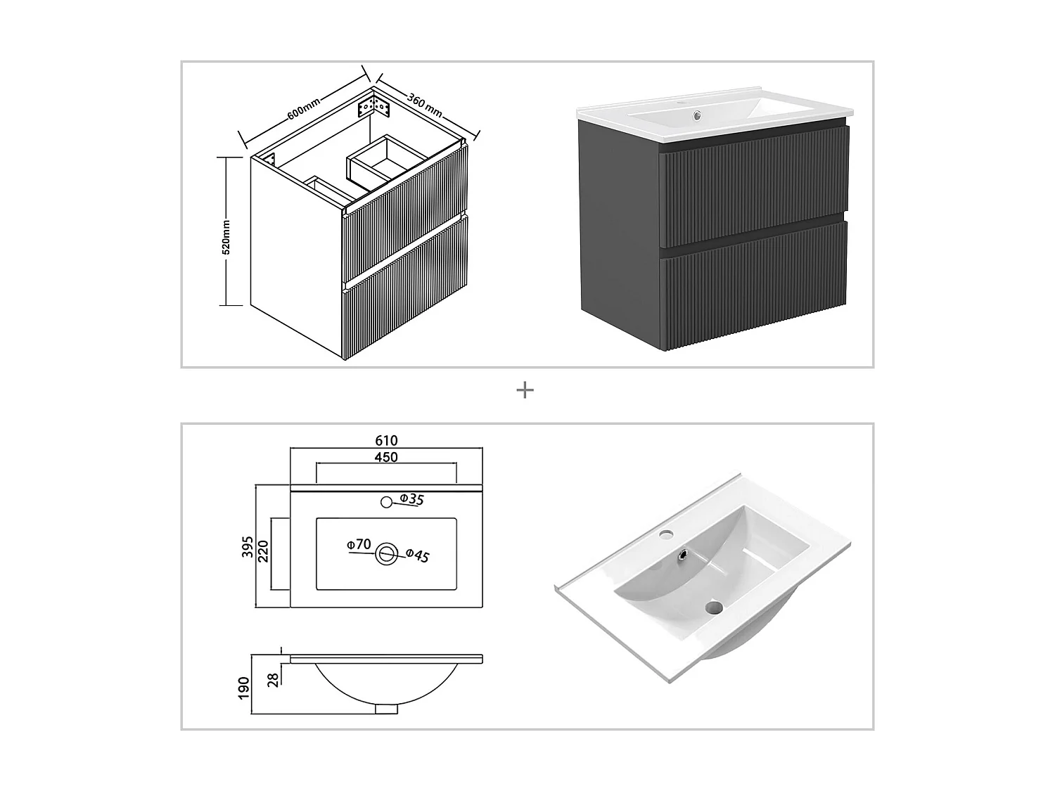 Meuble de salle de bain suspendu Strié 60cm avec simple vasque + 2 tiroirs, Anthracite
