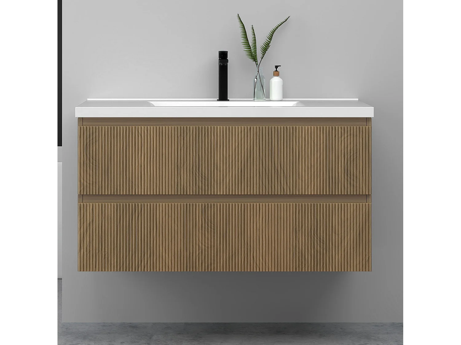 Meuble de salle de bain suspendu Strié 100cm avec simple vasque + 2 tiroirs, Noyer