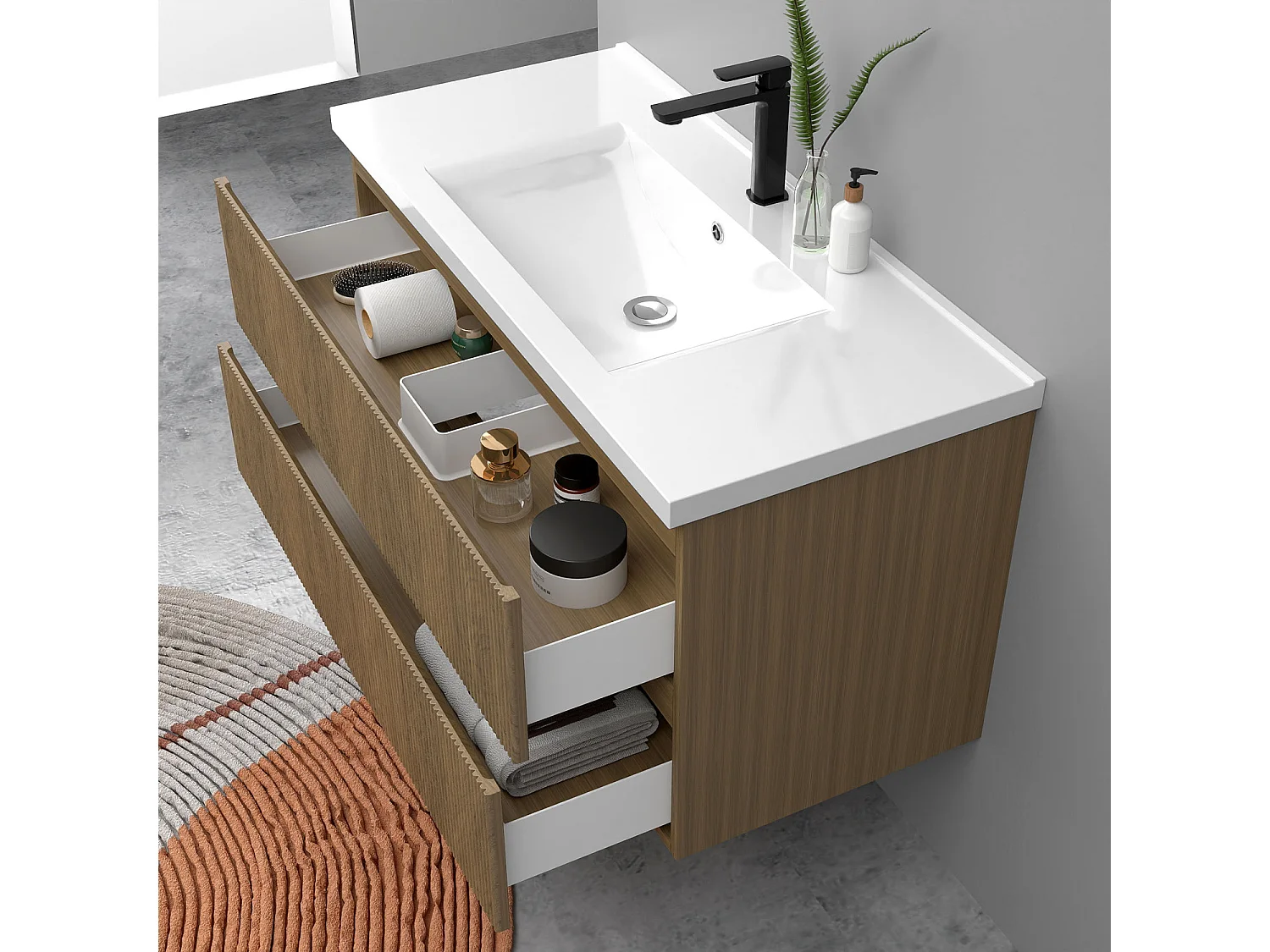 Meuble de salle de bain suspendu Strié 100cm avec simple vasque + 2 tiroirs, Noyer