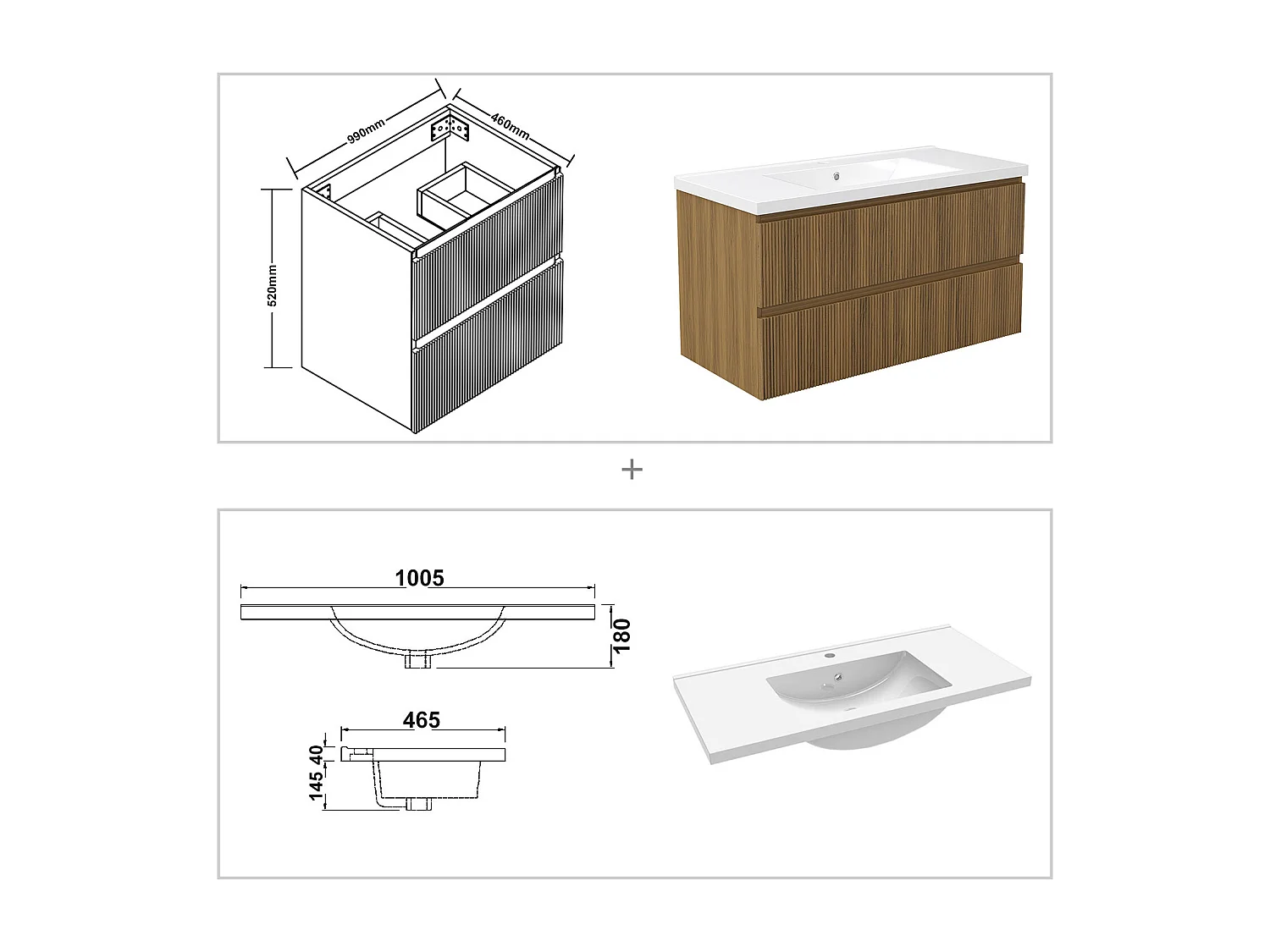 Meuble de salle de bain suspendu Strié 100cm avec simple vasque + 2 tiroirs, Noyer