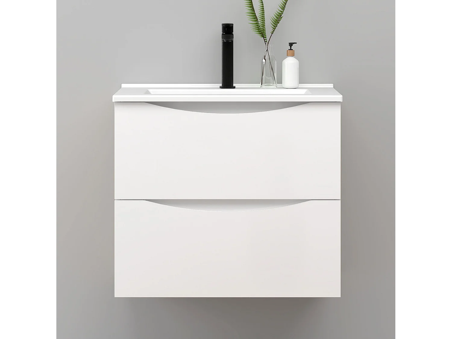 Meuble de salle de bain suspendu 60cm avec simple vasque + 2 tiroirs, Blanc