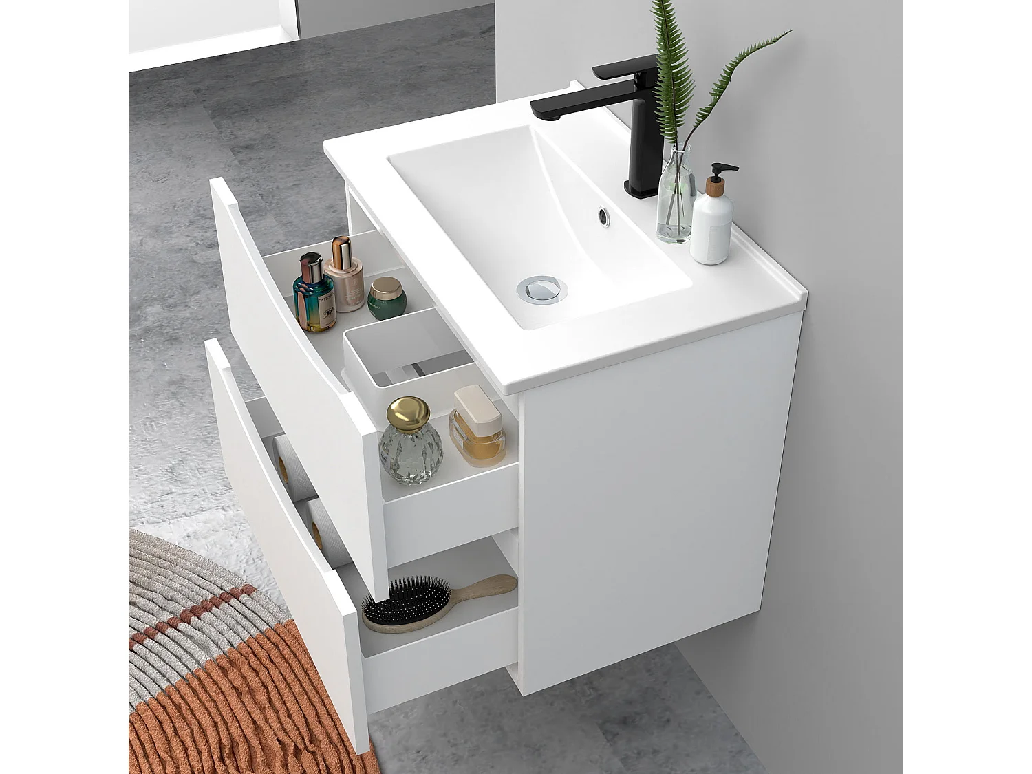 Meuble de salle de bain suspendu 60cm avec simple vasque + 2 tiroirs, Blanc