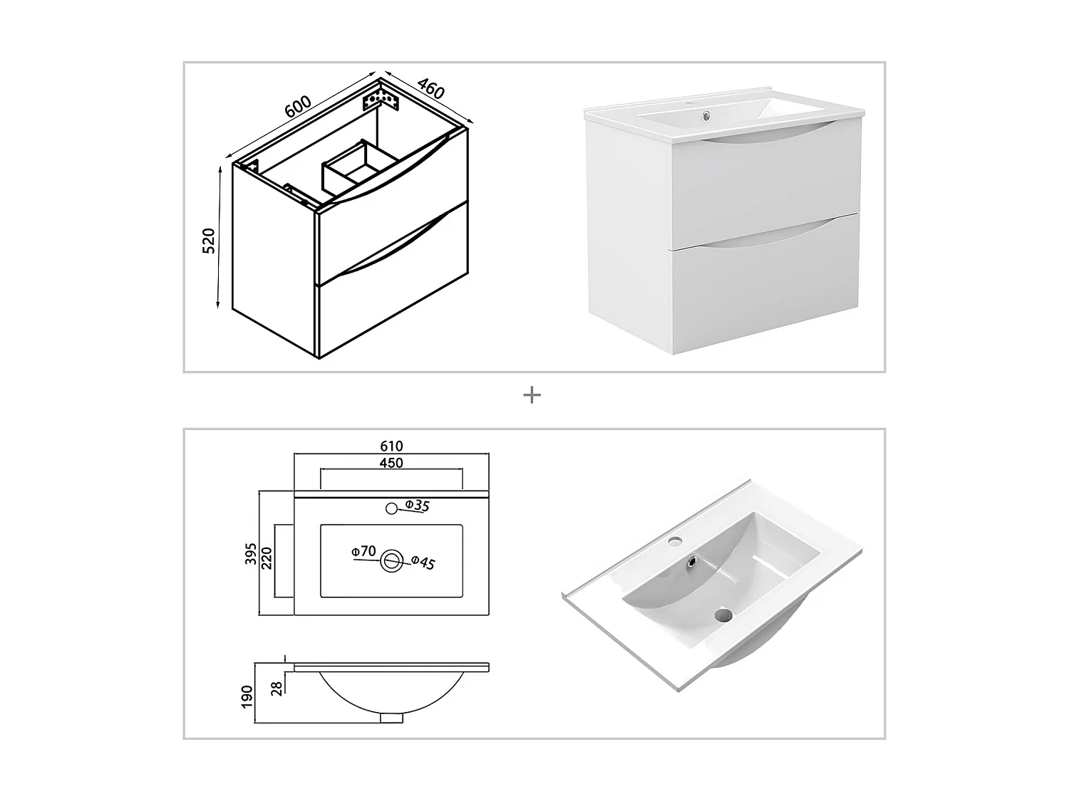 Meuble de salle de bain suspendu 60cm avec simple vasque + 2 tiroirs, Blanc