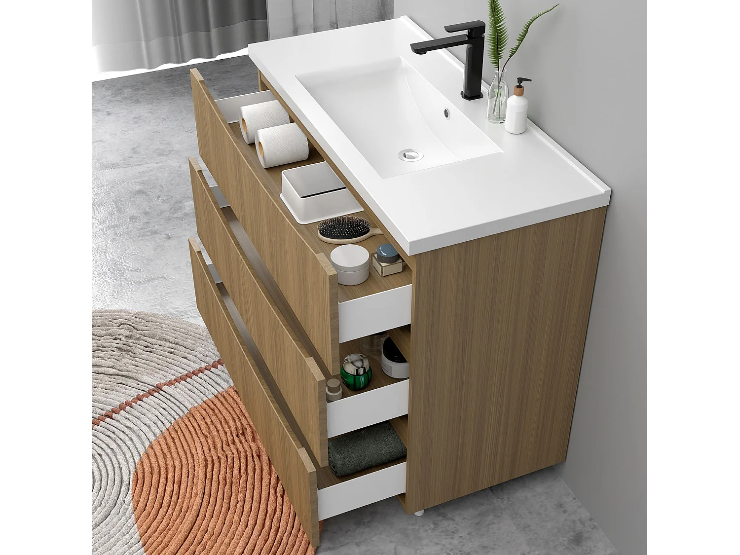 Meuble de salle de bain suspendu 100cm avec simple vasque + 3 tiroirs, Noyer