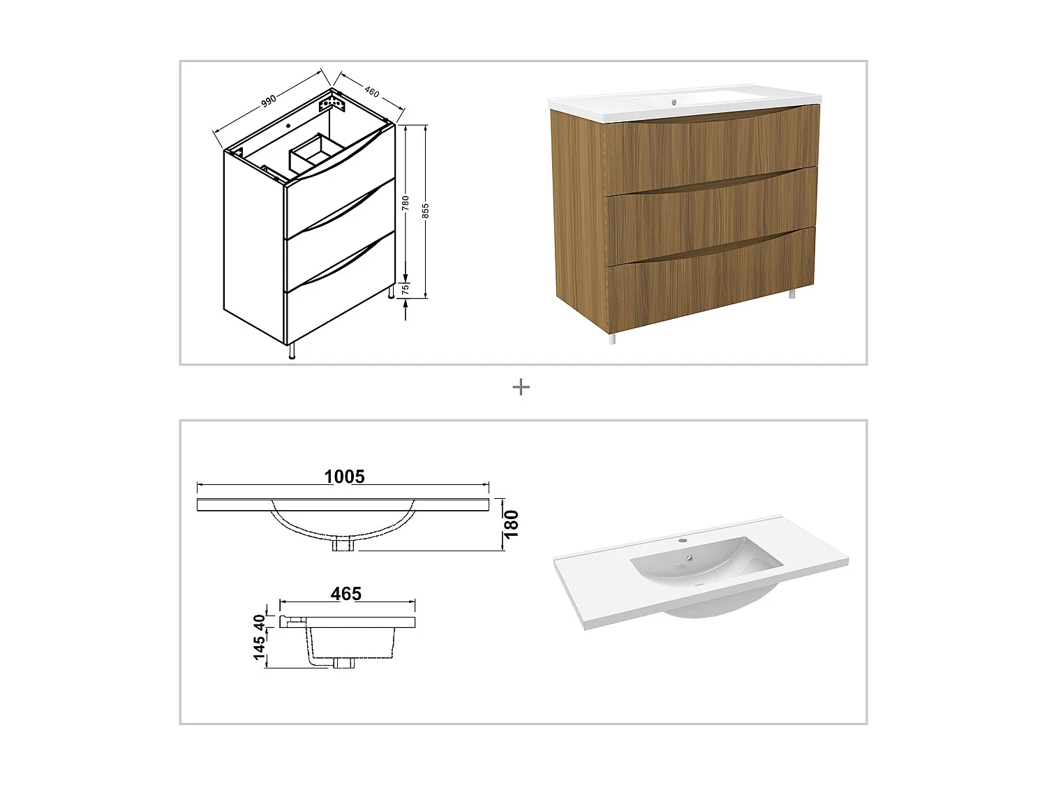 Meuble de salle de bain suspendu 100cm avec simple vasque + 3 tiroirs, Noyer