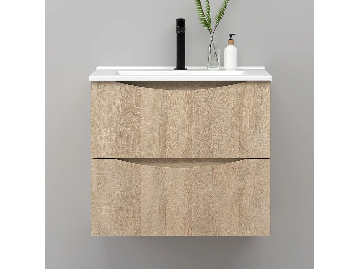 Meuble de salle de bain suspendu 60cm avec simple vasque + 2 tiroirs, Chêne