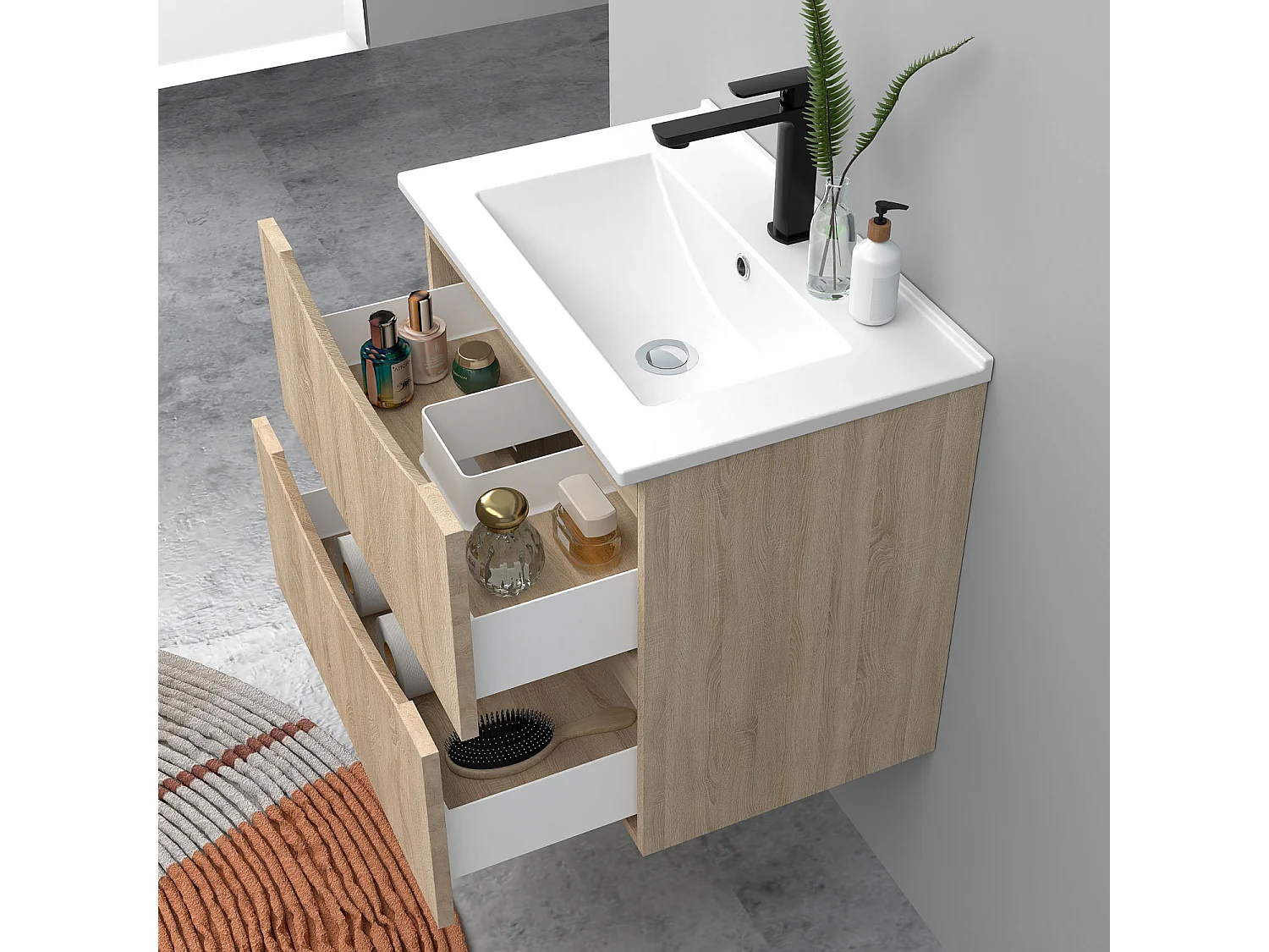Meuble de salle de bain suspendu 60cm avec simple vasque + 2 tiroirs, Chêne