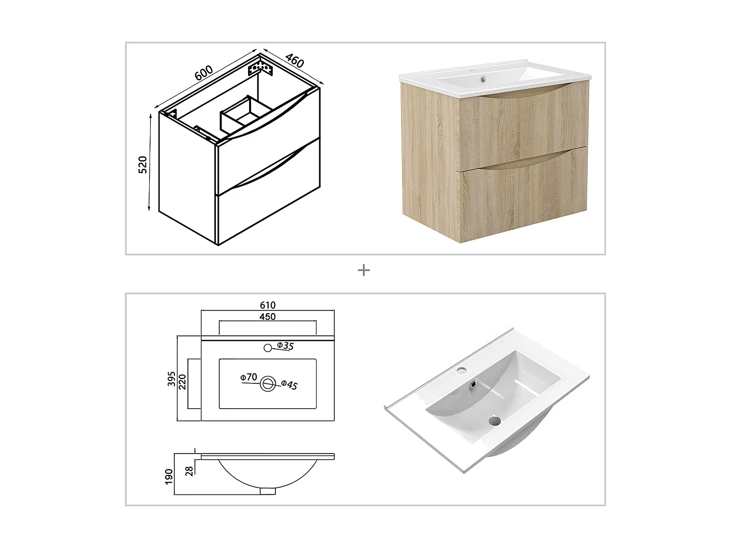 Meuble de salle de bain suspendu 60cm avec simple vasque + 2 tiroirs, Chêne