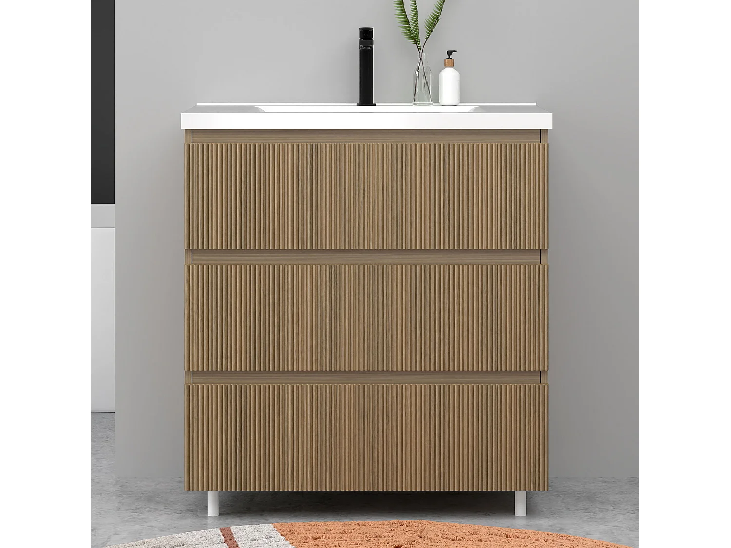 Meuble de salle de bain suspendu Strié 80cm avec simple vasque + 3 tiroirs, Noyer