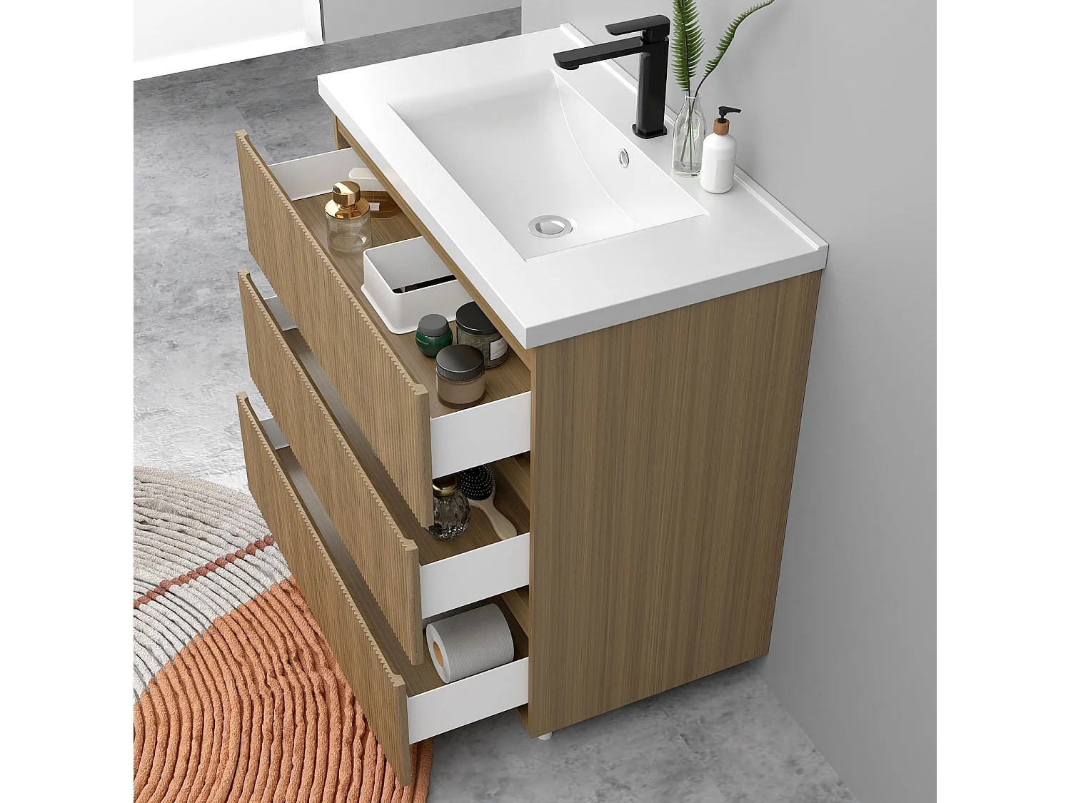 Meuble de salle de bain suspendu Strié 80cm avec simple vasque + 3 tiroirs, Noyer