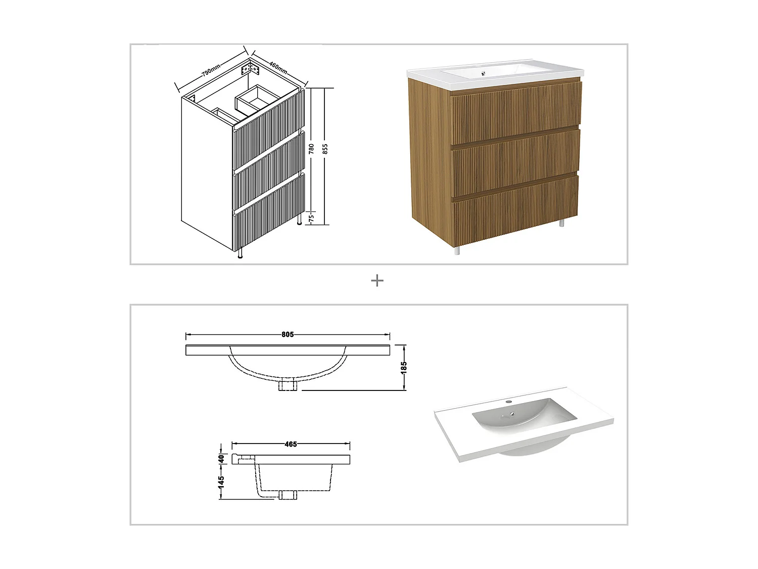 Meuble de salle de bain suspendu Strié 80cm avec simple vasque + 3 tiroirs, Noyer