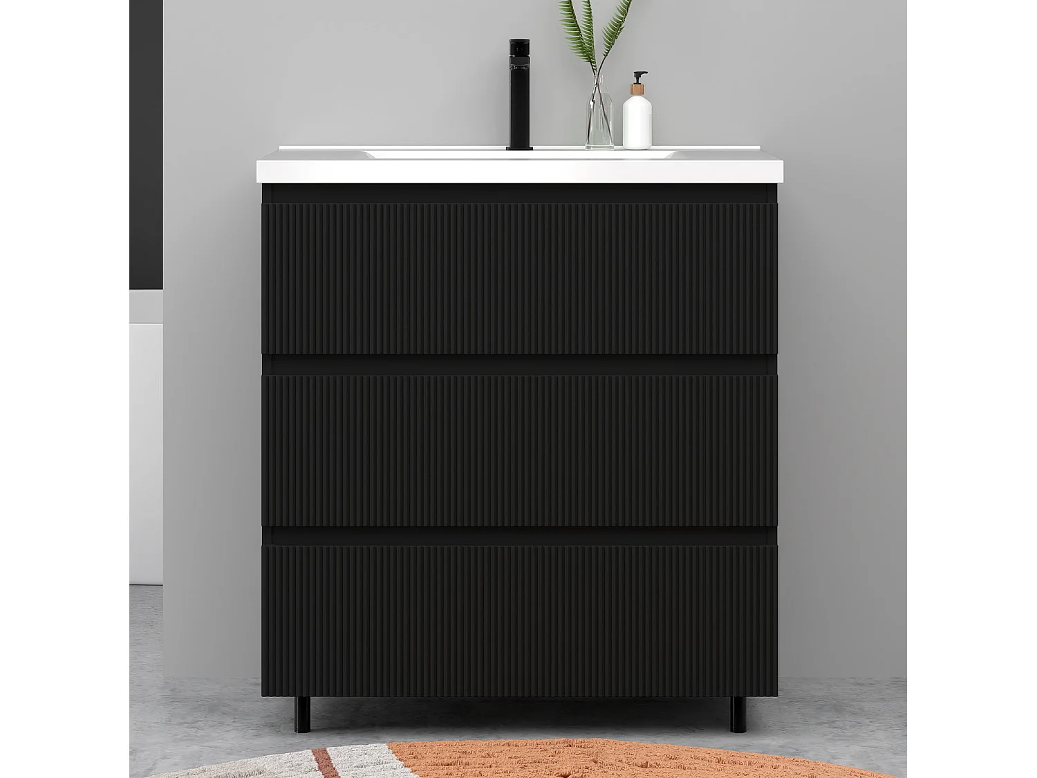 Meuble de salle de bain suspendu Strié 80cm avec simple vasque + 3 tiroirs, Noir