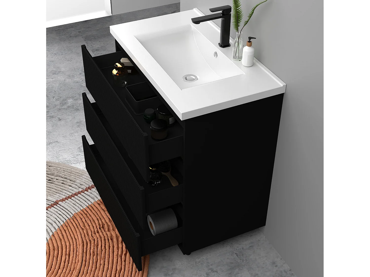 Meuble de salle de bain suspendu Strié 80cm avec simple vasque + 3 tiroirs, Noir