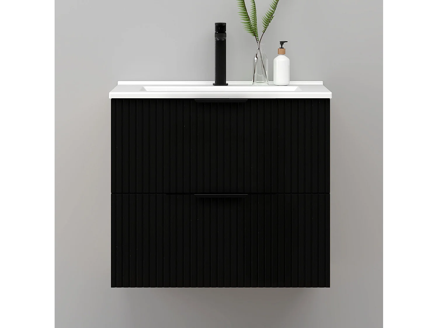 Meuble de salle de bain suspendu Strié 60cm avec poignées + simple vasque + 2 tiroirs, Noir