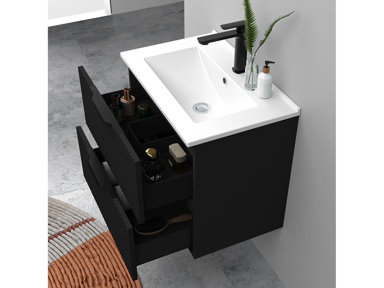 Meuble de salle de bain suspendu Strié 60cm avec poignées + simple vasque + 2 tiroirs, Noir