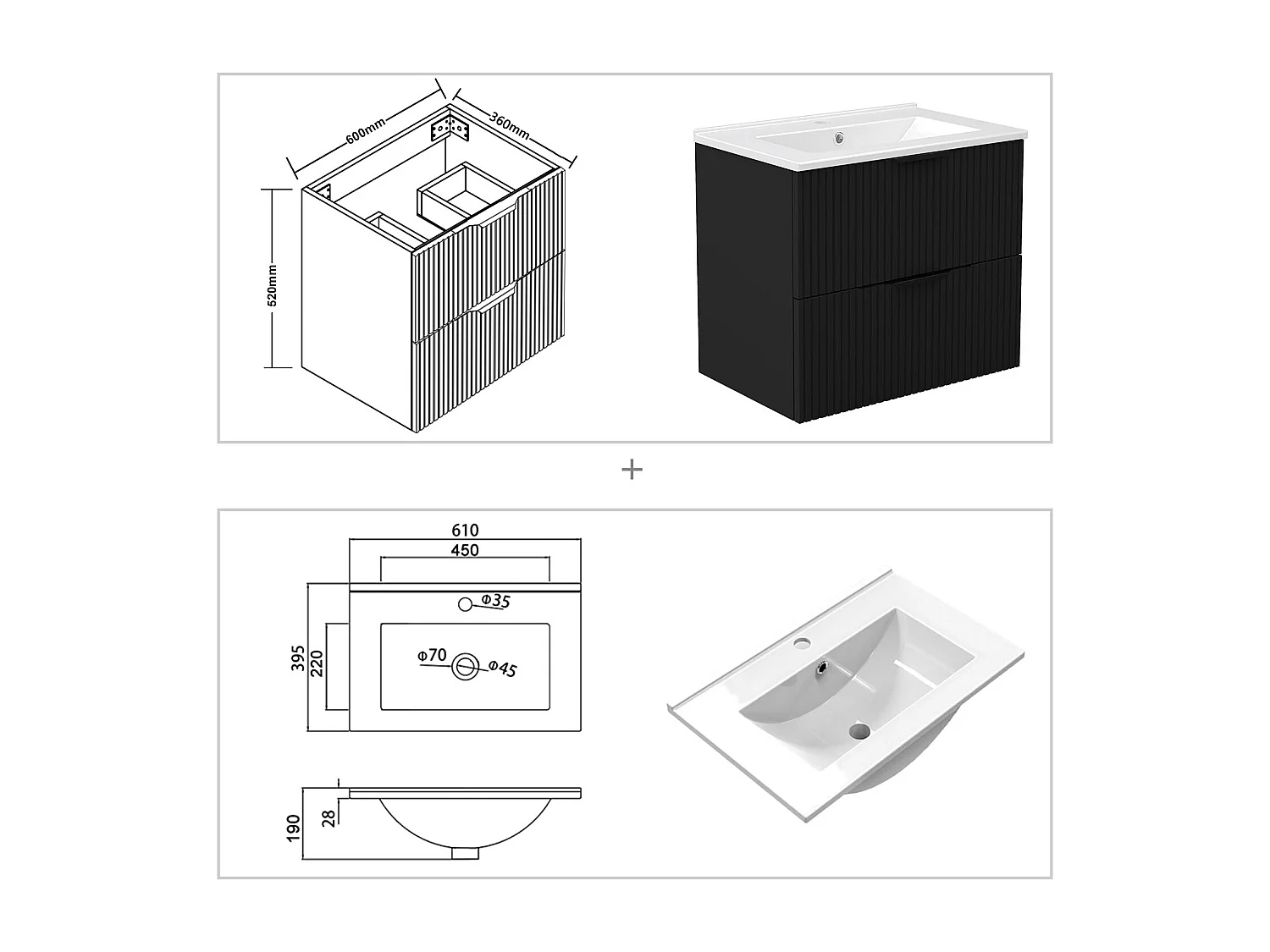 Meuble de salle de bain suspendu Strié 60cm avec poignées + simple vasque + 2 tiroirs, Noir