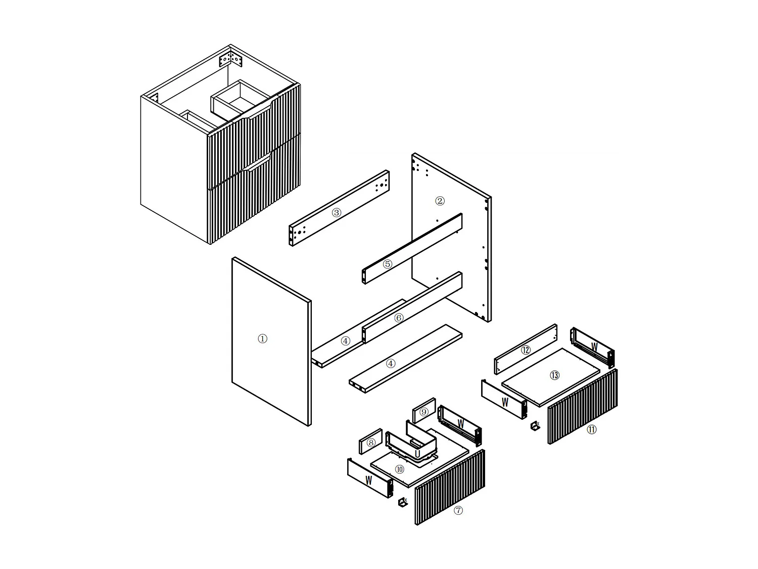 Meuble de salle de bain suspendu Strié 60cm avec poignées + simple vasque + 2 tiroirs, Noir