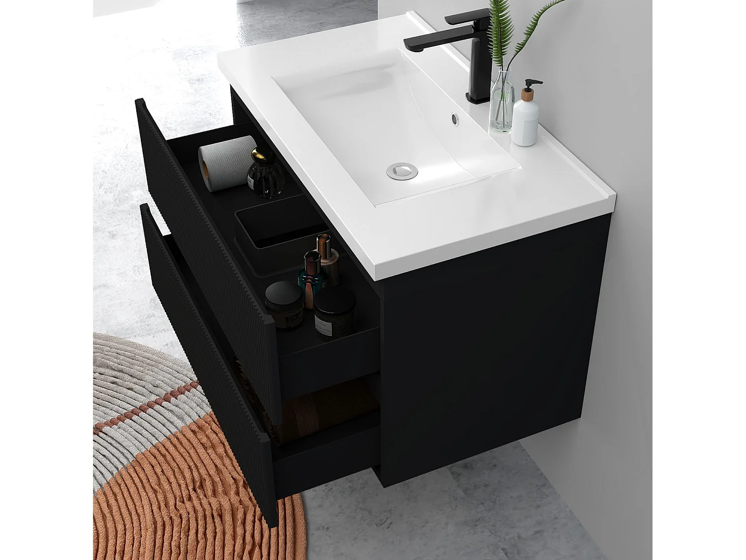 Meuble de salle de bain suspendu Strié 80cm avec simple vasque + 2 tiroirs, Noir