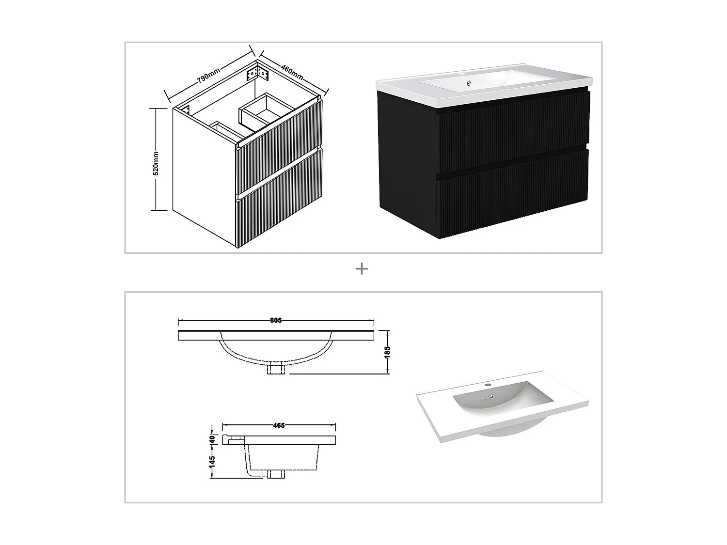 Meuble de salle de bain suspendu Strié 80cm avec simple vasque + 2 tiroirs, Noir