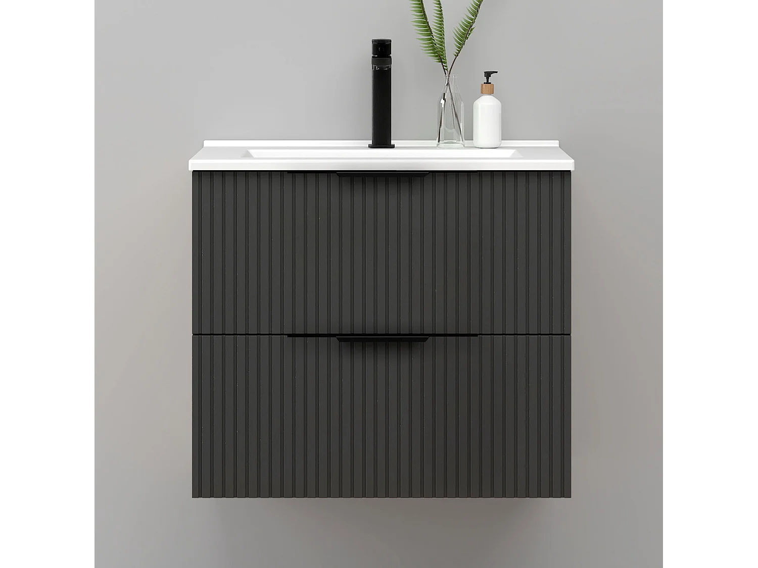 Meuble de salle de bain suspendu Strié 60cm avec poignées + simple vasque + 2 tiroirs, Anthracite