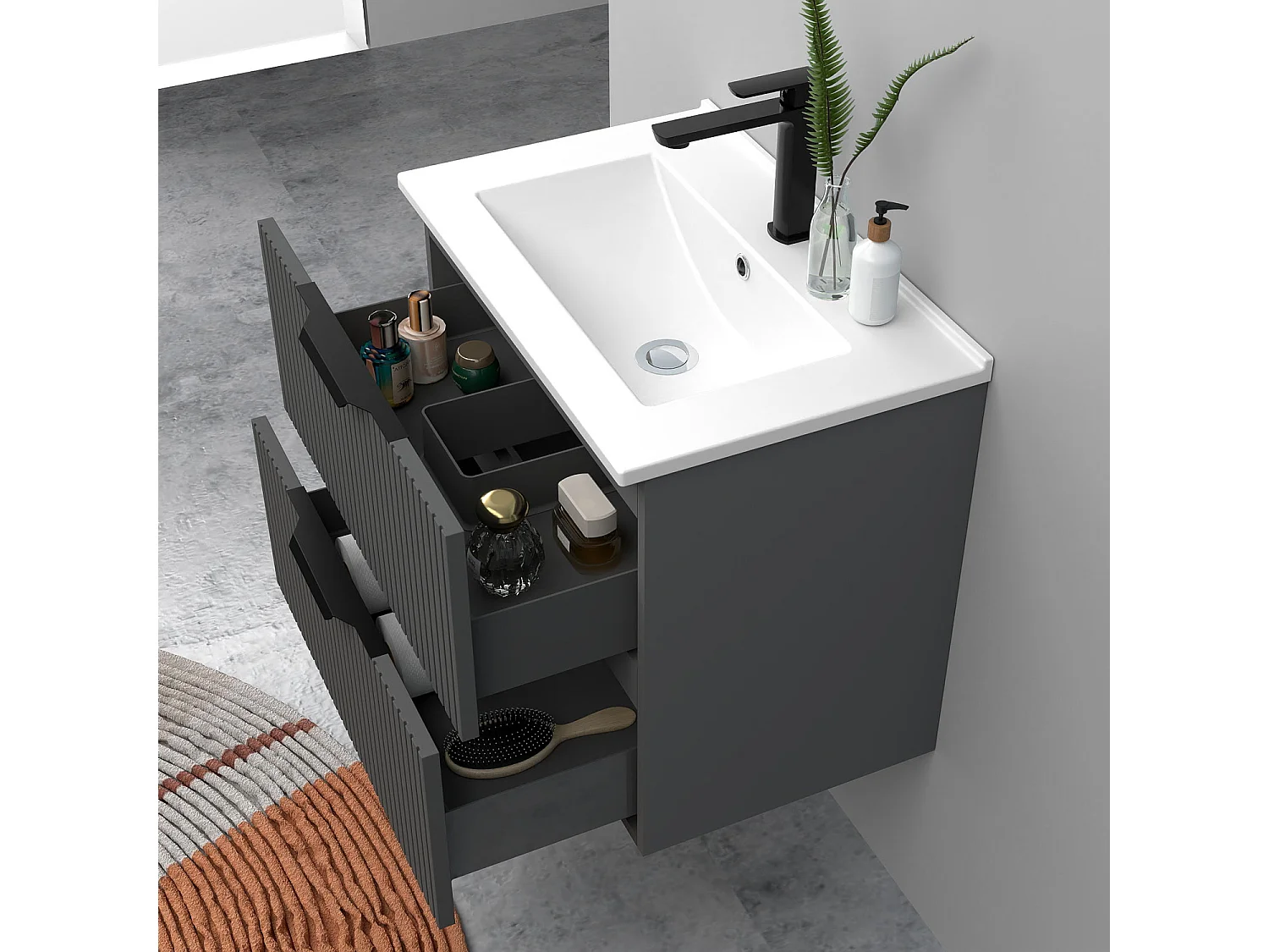 Meuble de salle de bain suspendu Strié 60cm avec poignées + simple vasque + 2 tiroirs, Anthracite