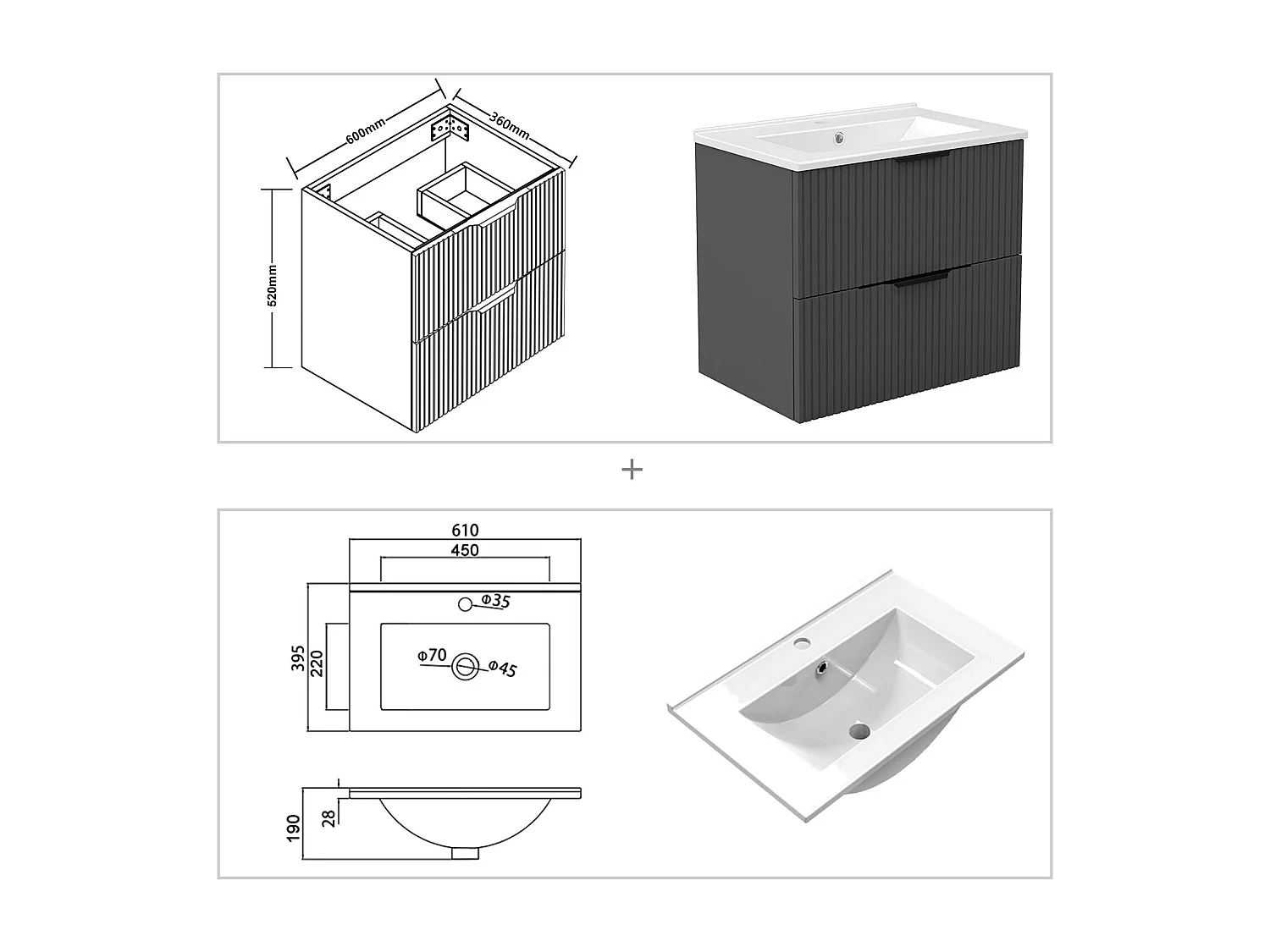 Meuble de salle de bain suspendu Strié 60cm avec poignées + simple vasque + 2 tiroirs, Anthracite