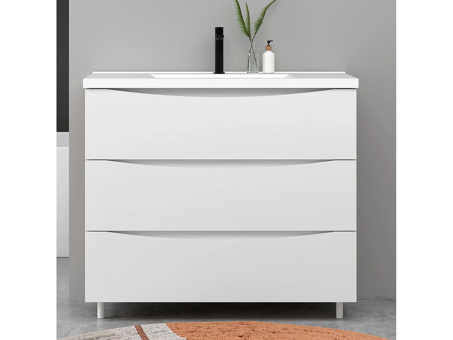 Meuble de salle de bain suspendu 100cm avec simple vasque + 3 tiroirs, Blanc