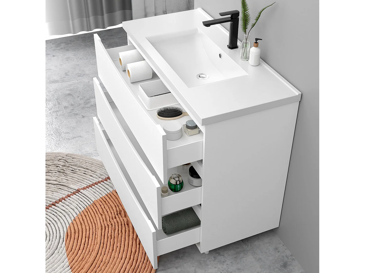 Meuble de salle de bain suspendu 100cm avec simple vasque + 3 tiroirs, Blanc