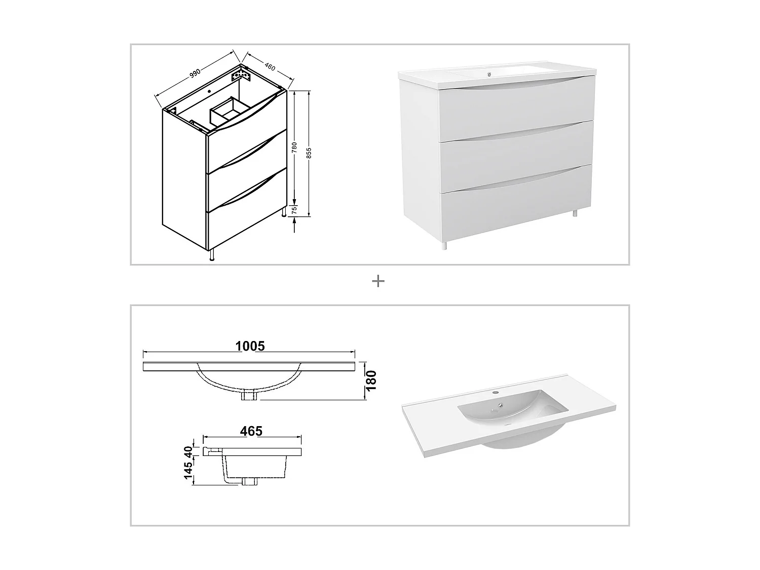 Meuble de salle de bain suspendu 100cm avec simple vasque + 3 tiroirs, Blanc