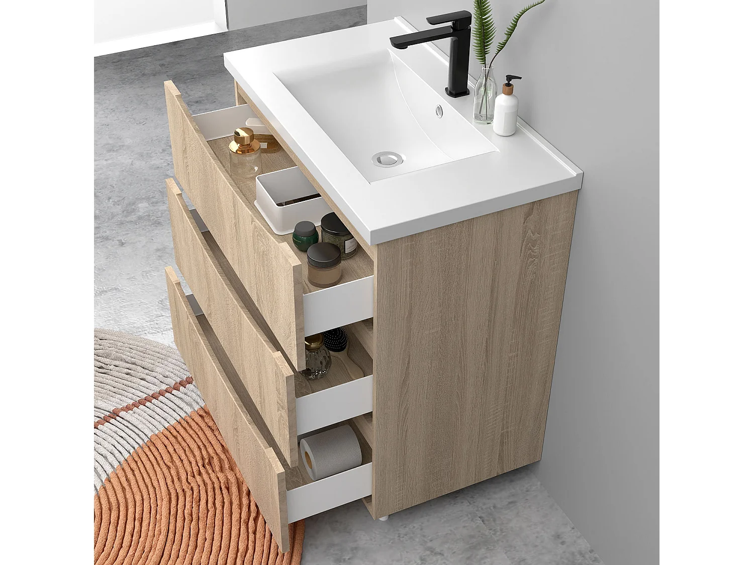 Meuble de salle de bain suspendu 80cm avec simple vasque + 3 tiroirs, Chêne