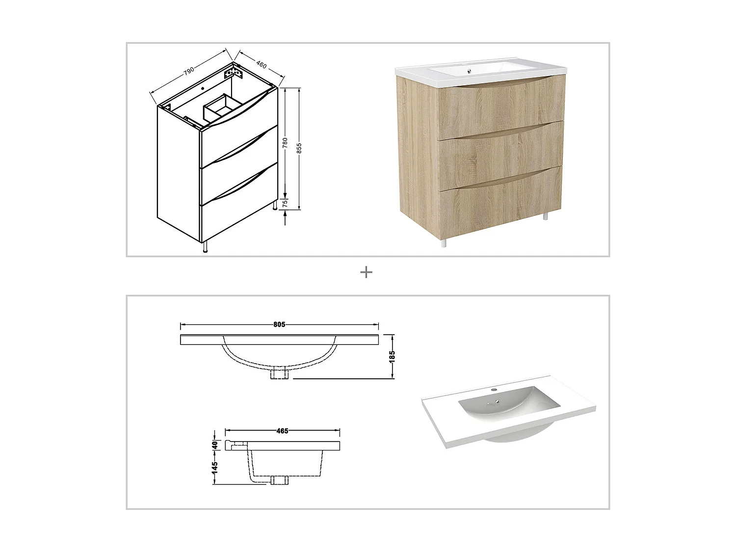 Meuble de salle de bain suspendu 80cm avec simple vasque + 3 tiroirs, Chêne