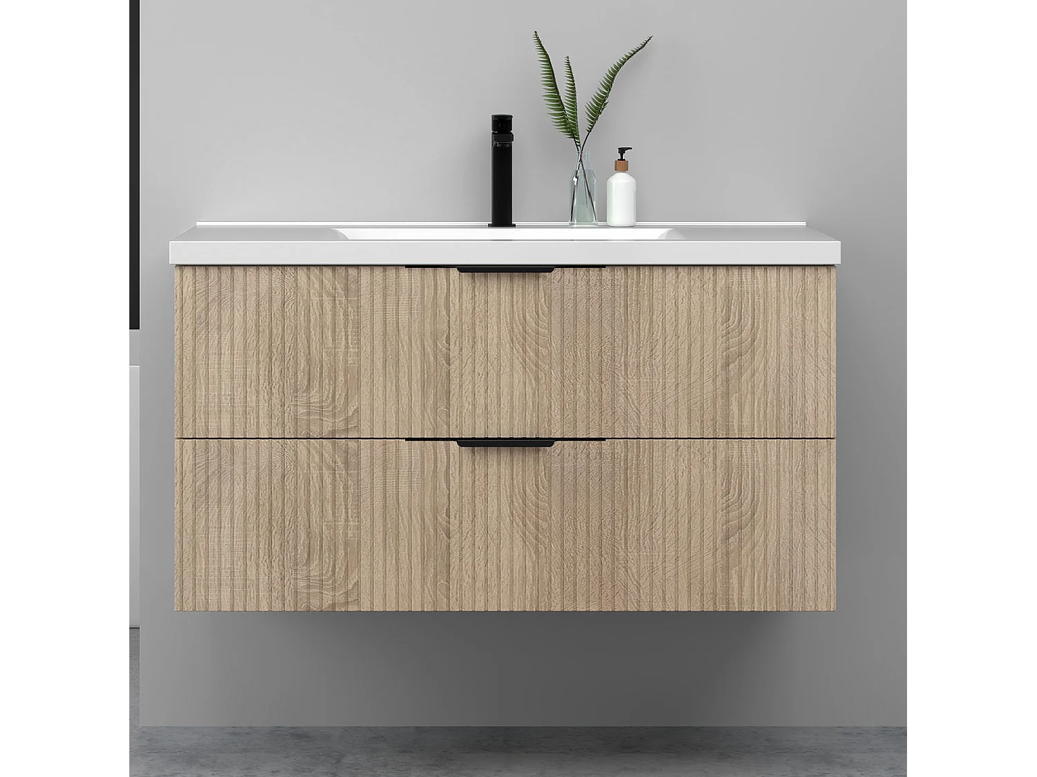 Meuble de salle de bain suspendu Strié 100cm avec poignées + simple vasque + 2 tiroirs, Chêne