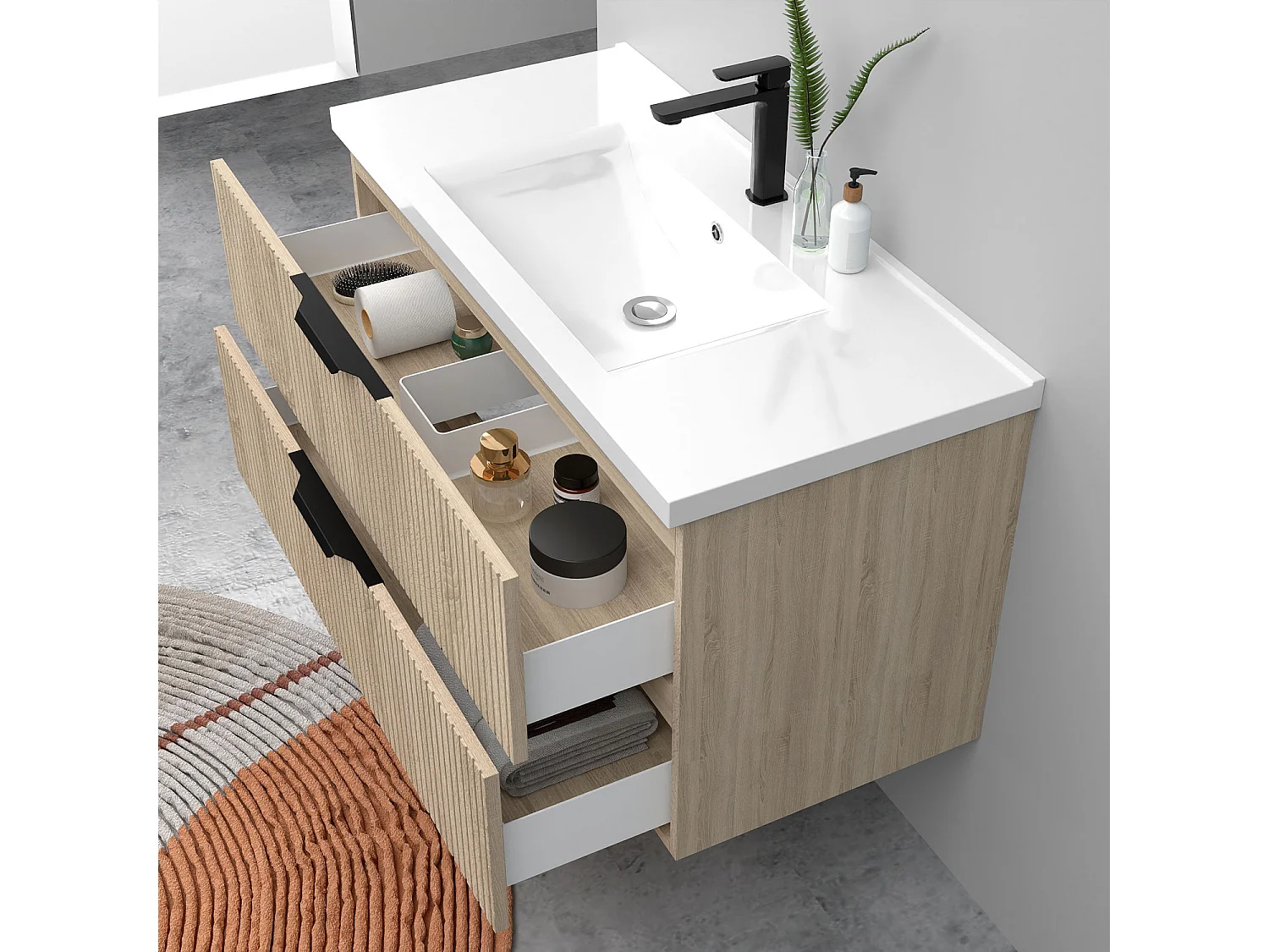 Meuble de salle de bain suspendu Strié 100cm avec poignées + simple vasque + 2 tiroirs, Chêne