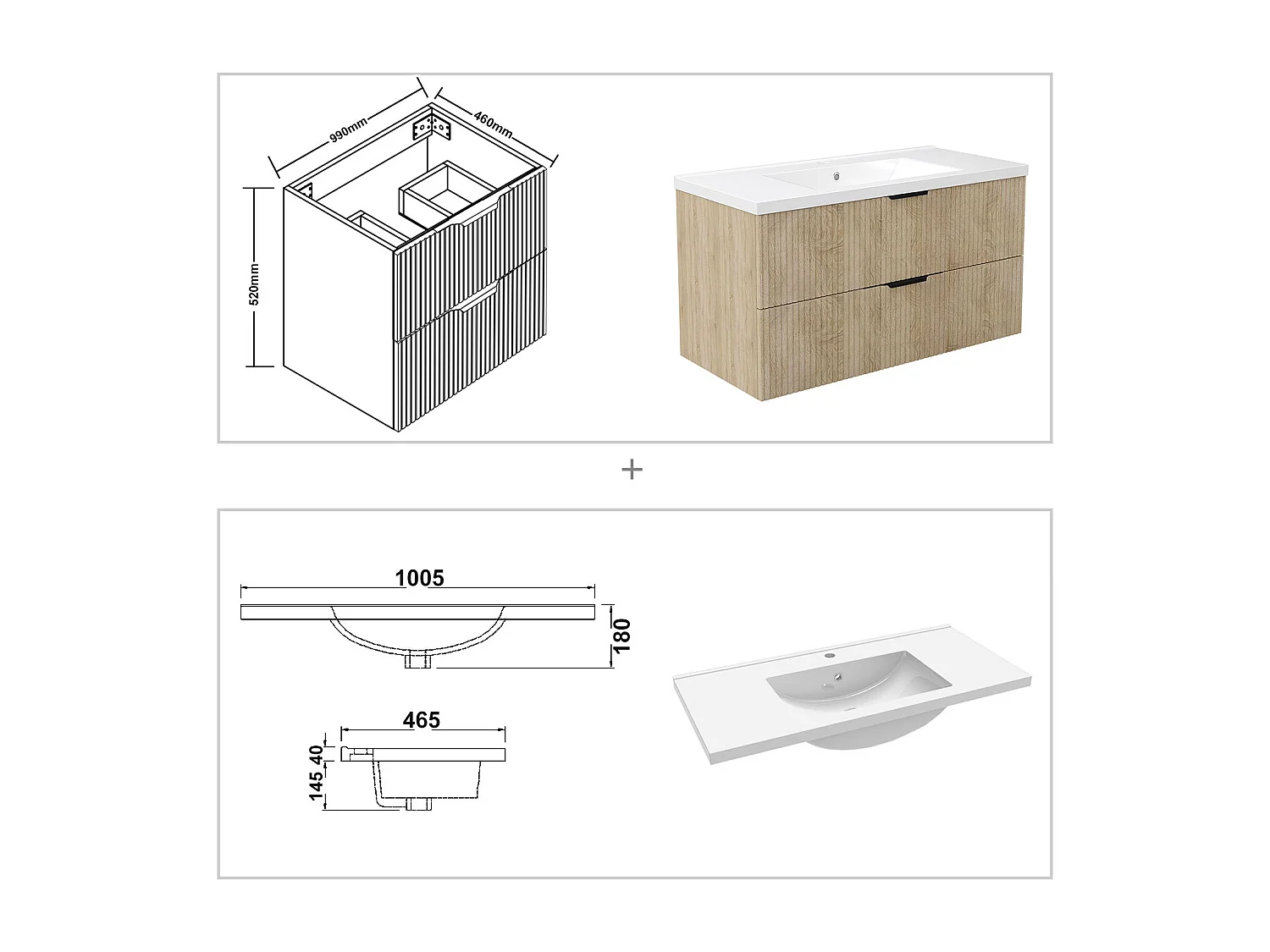 Meuble de salle de bain suspendu Strié 100cm avec poignées + simple vasque + 2 tiroirs, Chêne