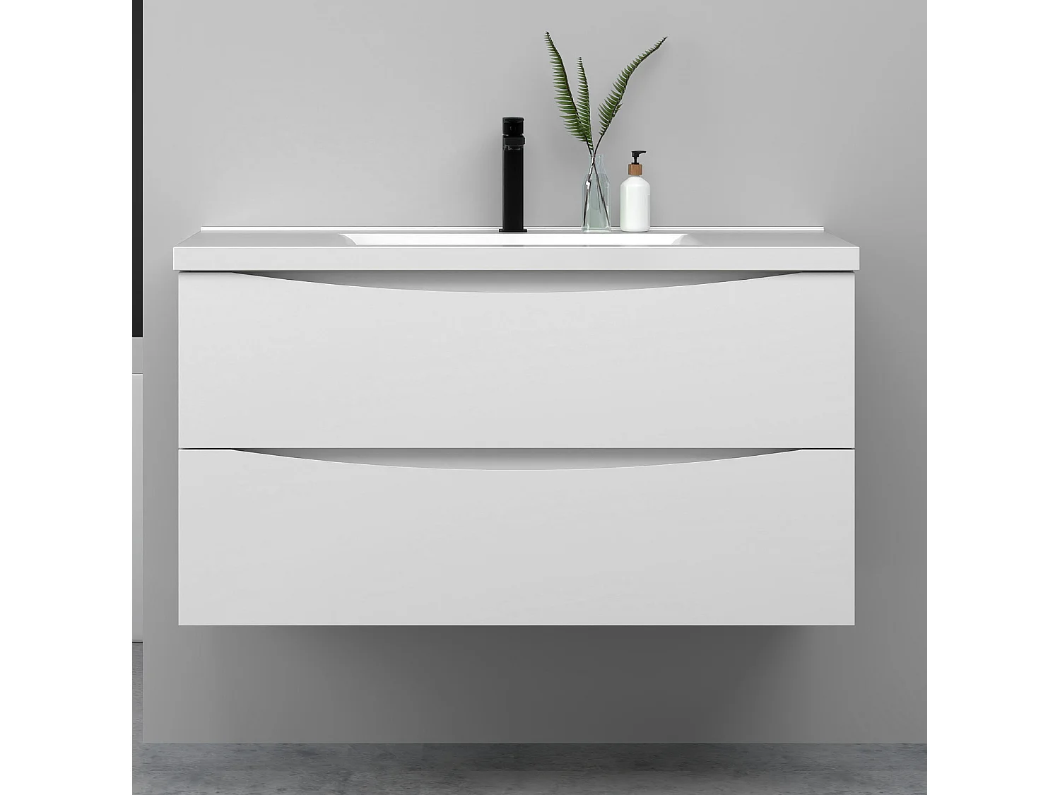 Meuble de salle de bain suspendu 100cm avec simple vasque + 2 tiroirs, Blanc