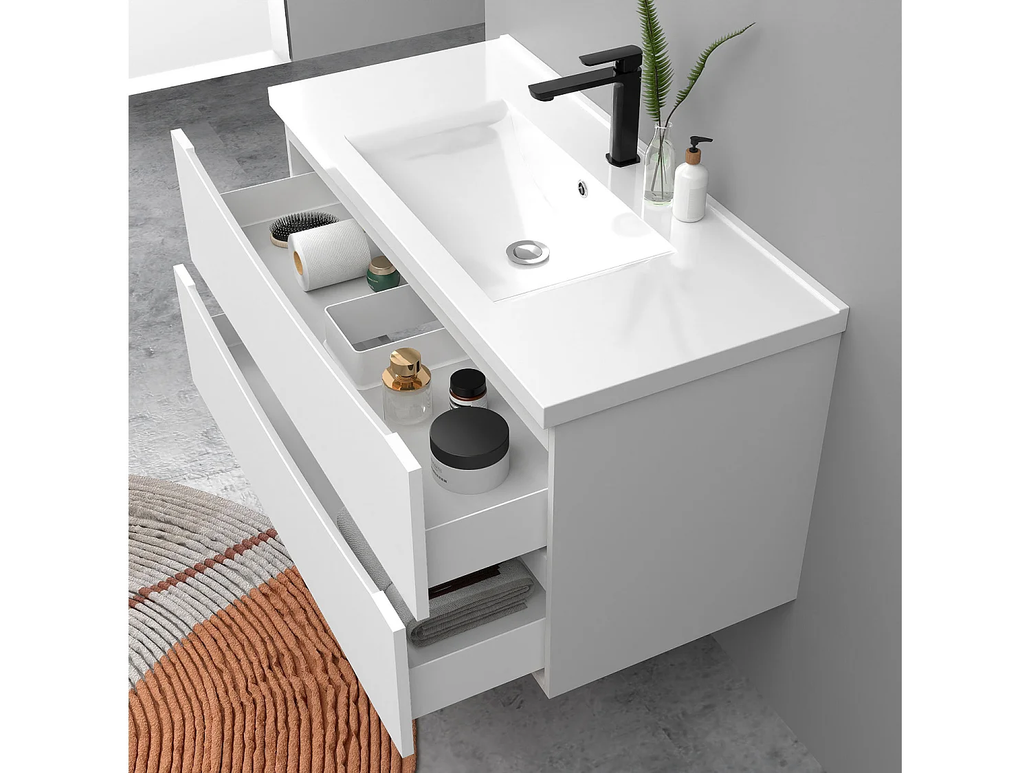 Meuble de salle de bain suspendu 100cm avec simple vasque + 2 tiroirs, Blanc