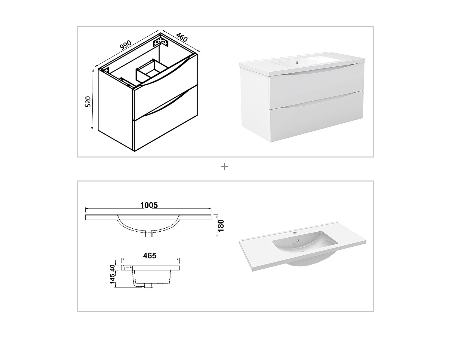 Meuble de salle de bain suspendu 100cm avec simple vasque + 2 tiroirs, Blanc