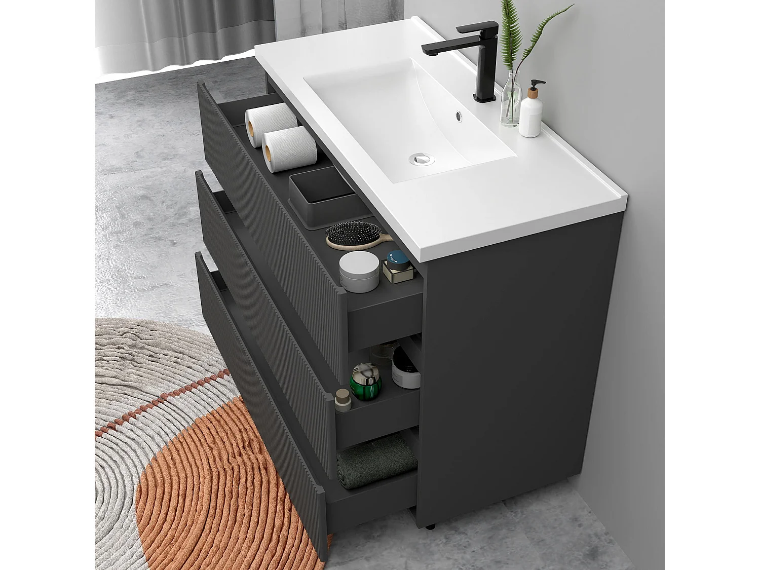 Meuble de salle de bain suspendu Strié 100cm avec simple vasque + 3 tiroirs, Anthracite