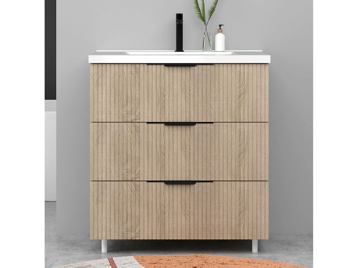 Meuble de salle de bain suspendu Strié 80cm avec poignées + simple vasque + 3 tiroirs, Chêne