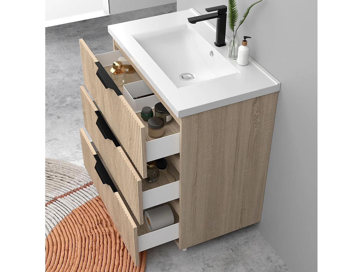 Meuble de salle de bain suspendu Strié 80cm avec poignées + simple vasque + 3 tiroirs, Chêne