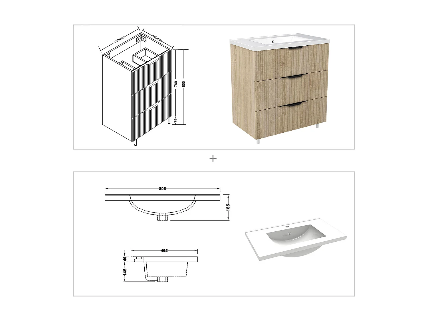 Meuble de salle de bain suspendu Strié 80cm avec poignées + simple vasque + 3 tiroirs, Chêne