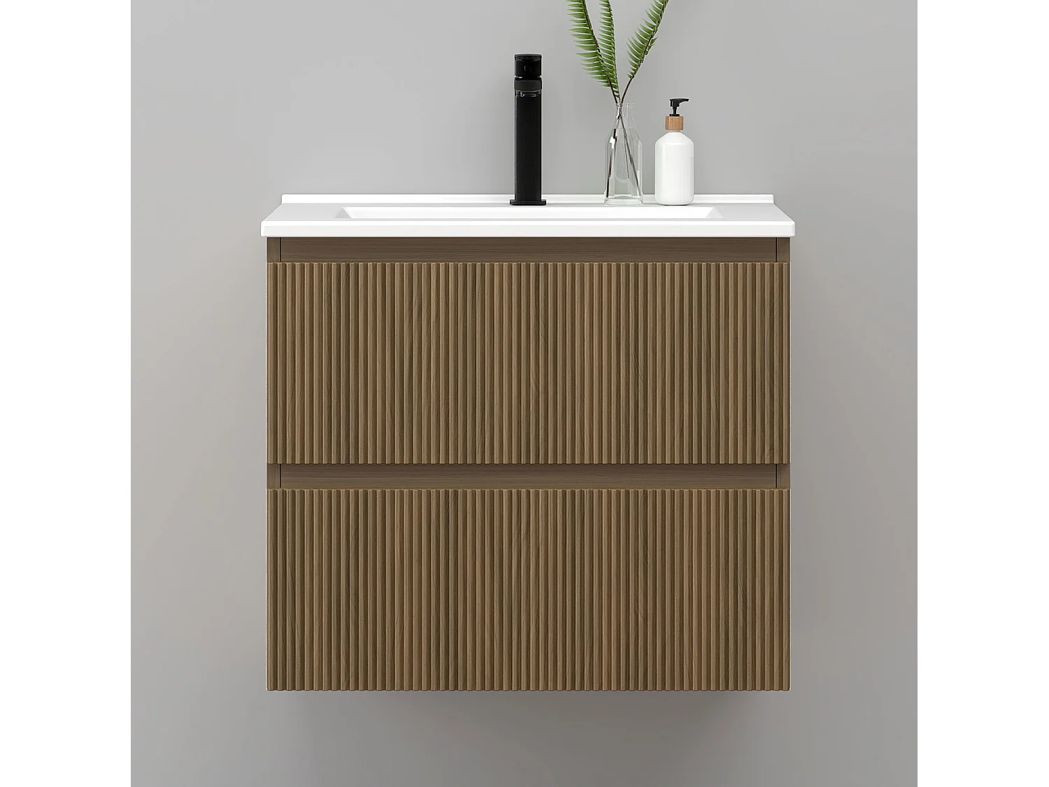 Meuble de salle de bain suspendu Strié 60cm avec simple vasque + 2 tiroirs, Noyer
