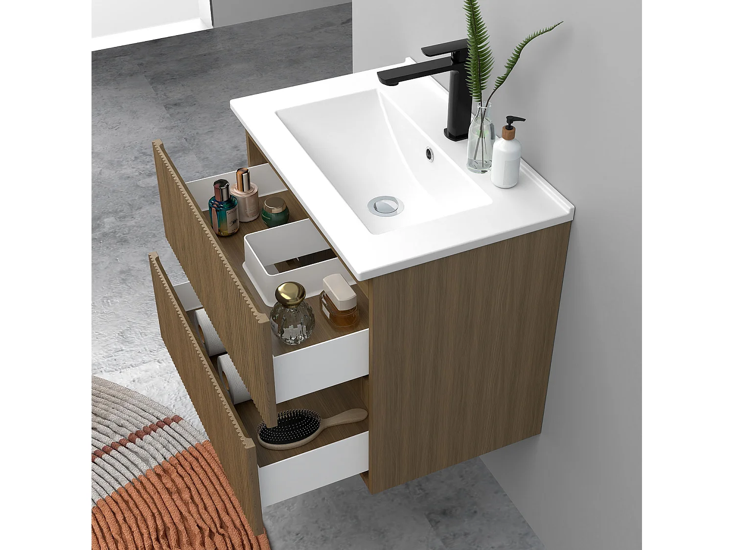 Meuble de salle de bain suspendu Strié 60cm avec simple vasque + 2 tiroirs, Noyer