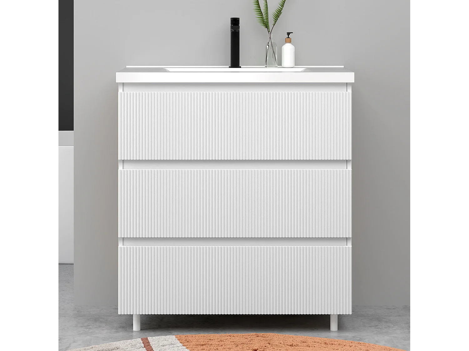 Meuble de salle de bain suspendu Strié 80cm avec simple vasque + 3 tiroirs, Blanc