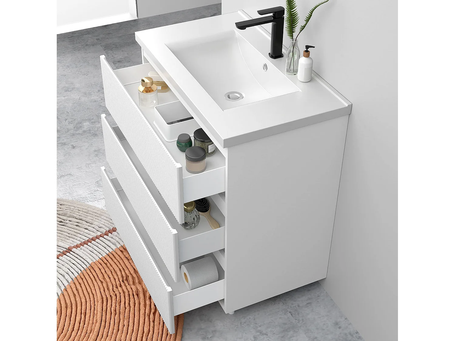 Meuble de salle de bain suspendu Strié 80cm avec simple vasque + 3 tiroirs, Blanc