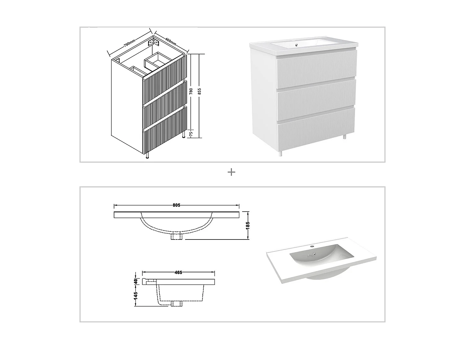 Meuble de salle de bain suspendu Strié 80cm avec simple vasque + 3 tiroirs, Blanc