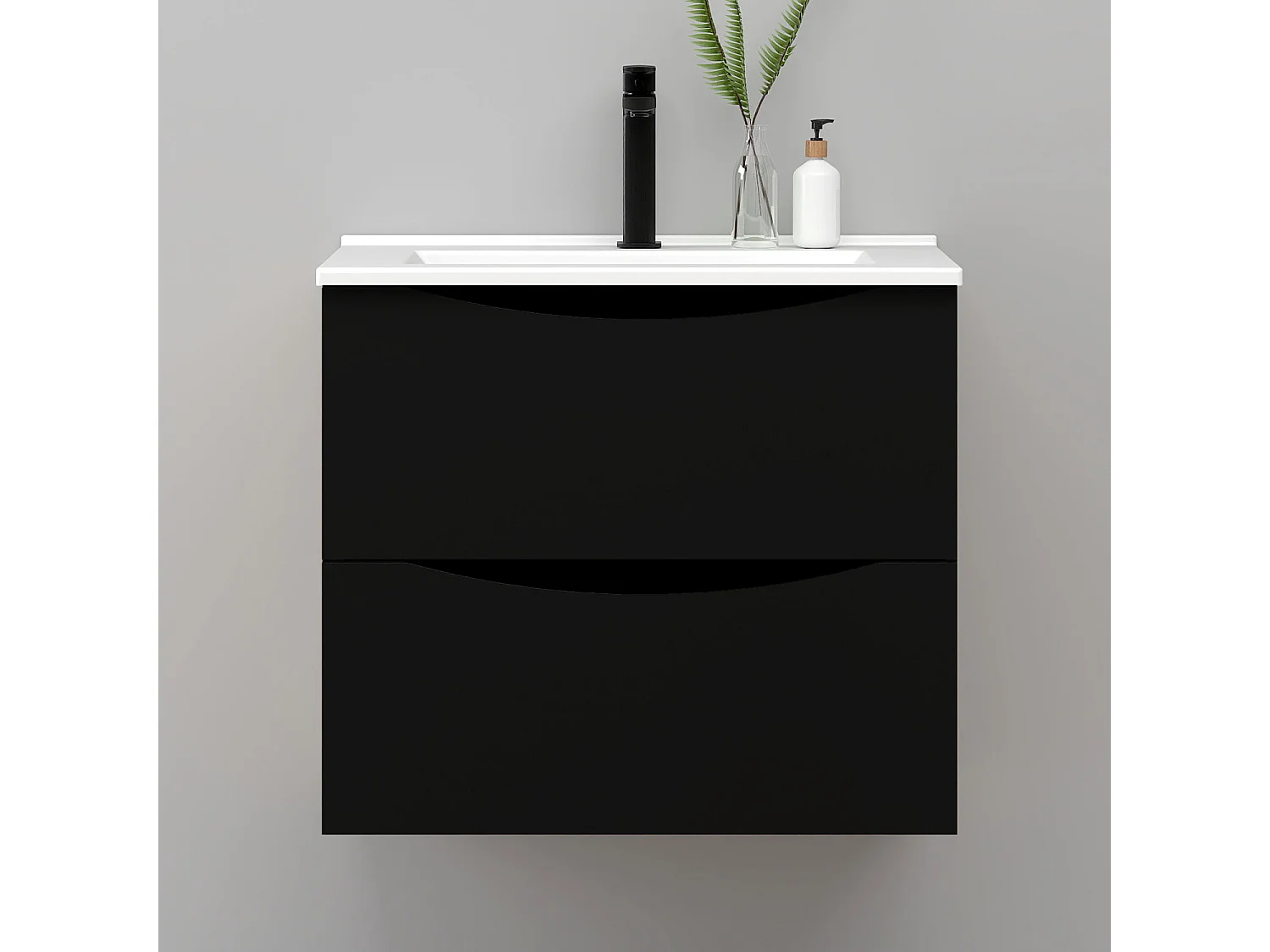 Meuble de salle de bain suspendu 60cm avec simple vasque + 2 tiroirs, Noir