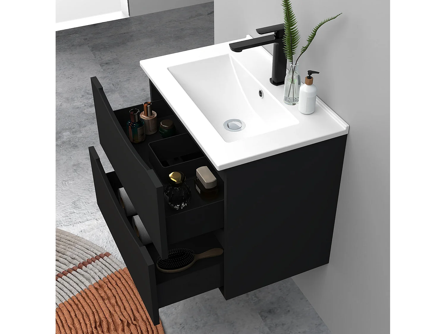 Meuble de salle de bain suspendu 60cm avec simple vasque + 2 tiroirs, Noir