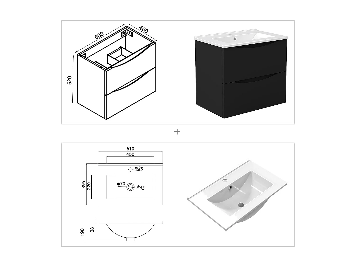 Meuble de salle de bain suspendu 60cm avec simple vasque + 2 tiroirs, Noir