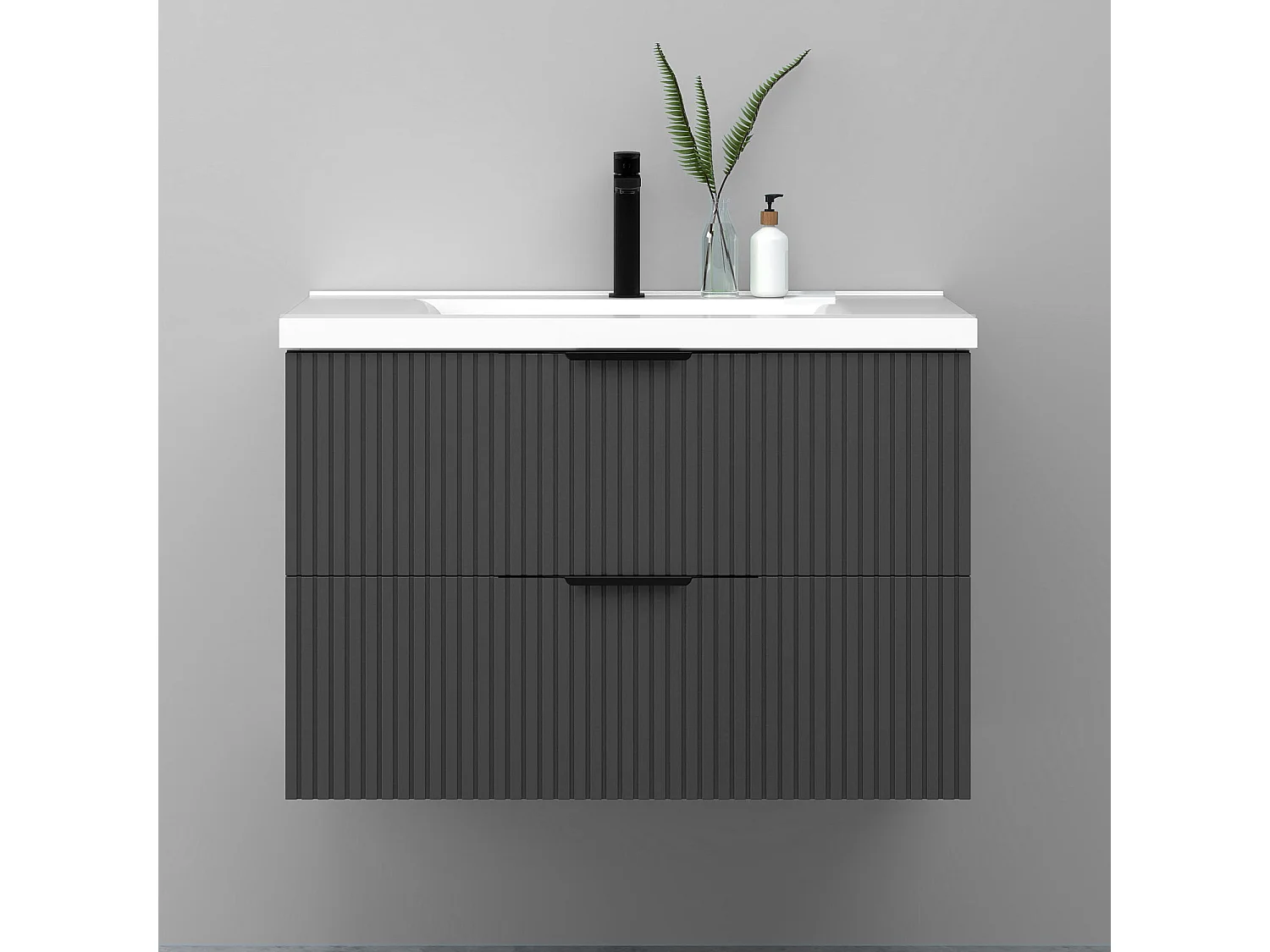 Meuble de salle de bain suspendu Strié 80cm avec poignées + simple vasque + 2 tiroirs, Anthracite